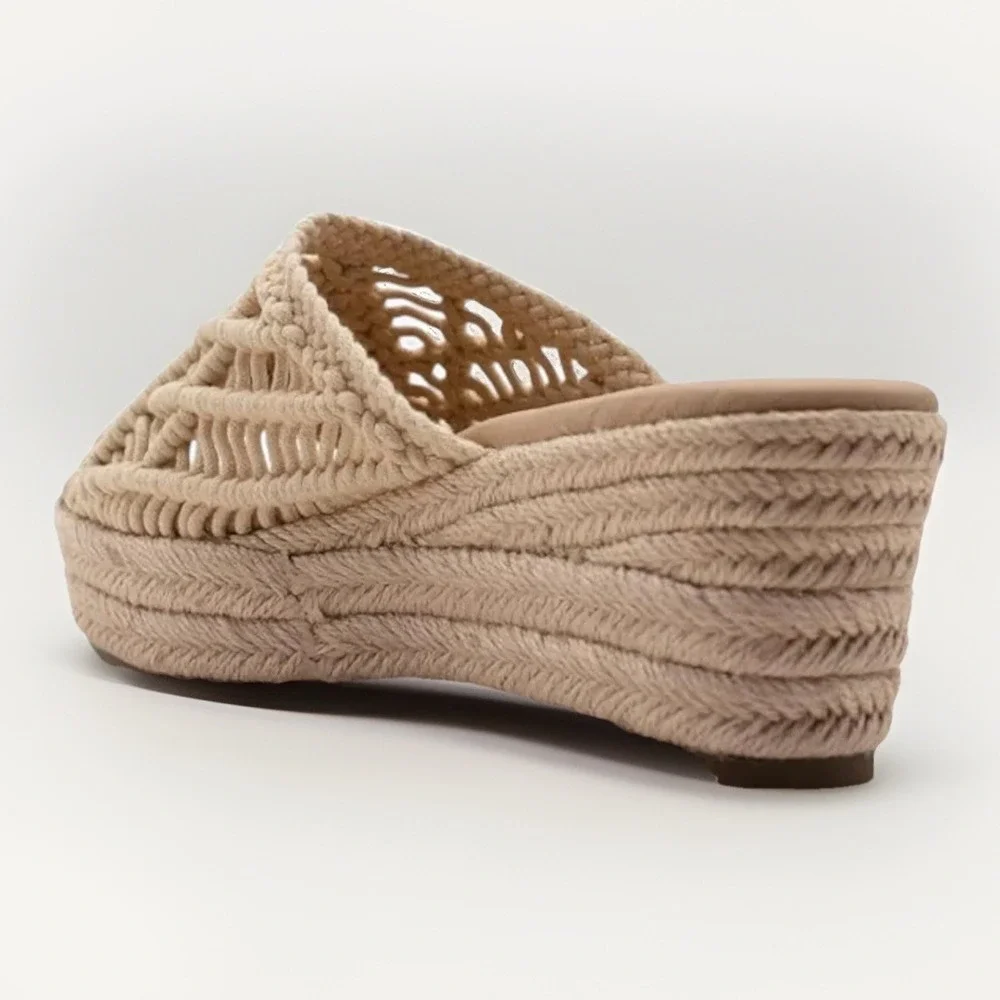 Sbicca Eureka Macrame Wedge Natural Beige Espadrille Size 9M Women Slide Sandals